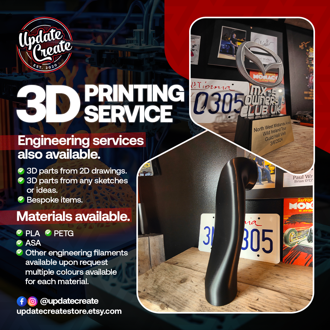 Advertisement for 3D printing service with product display and branding details.